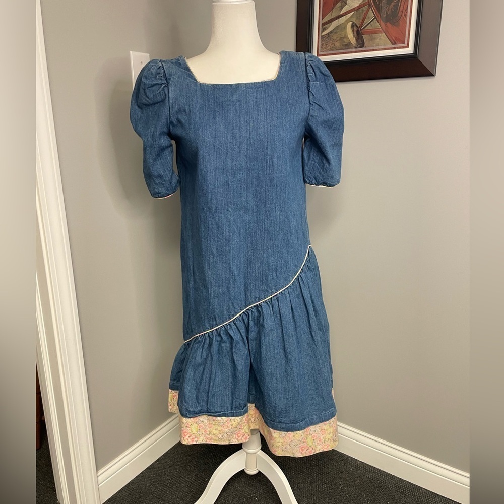St Barth's Denim Ruffle Puff Sleeve Vintage Womens Dress Size 7/8 80s 90s